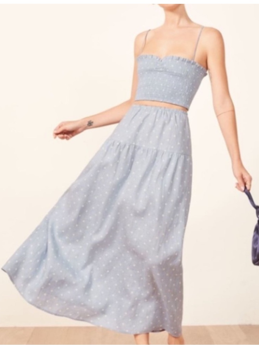 Reformation Light Blue Polka Dot Maxi Skirt and top set